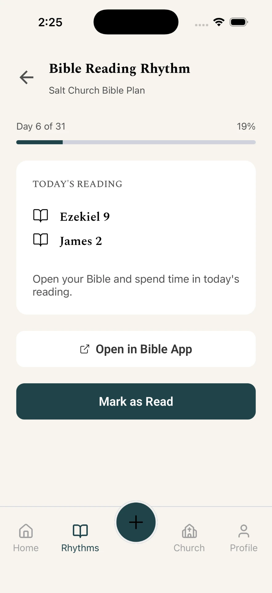 The daily Bible reading rhythm in the app
