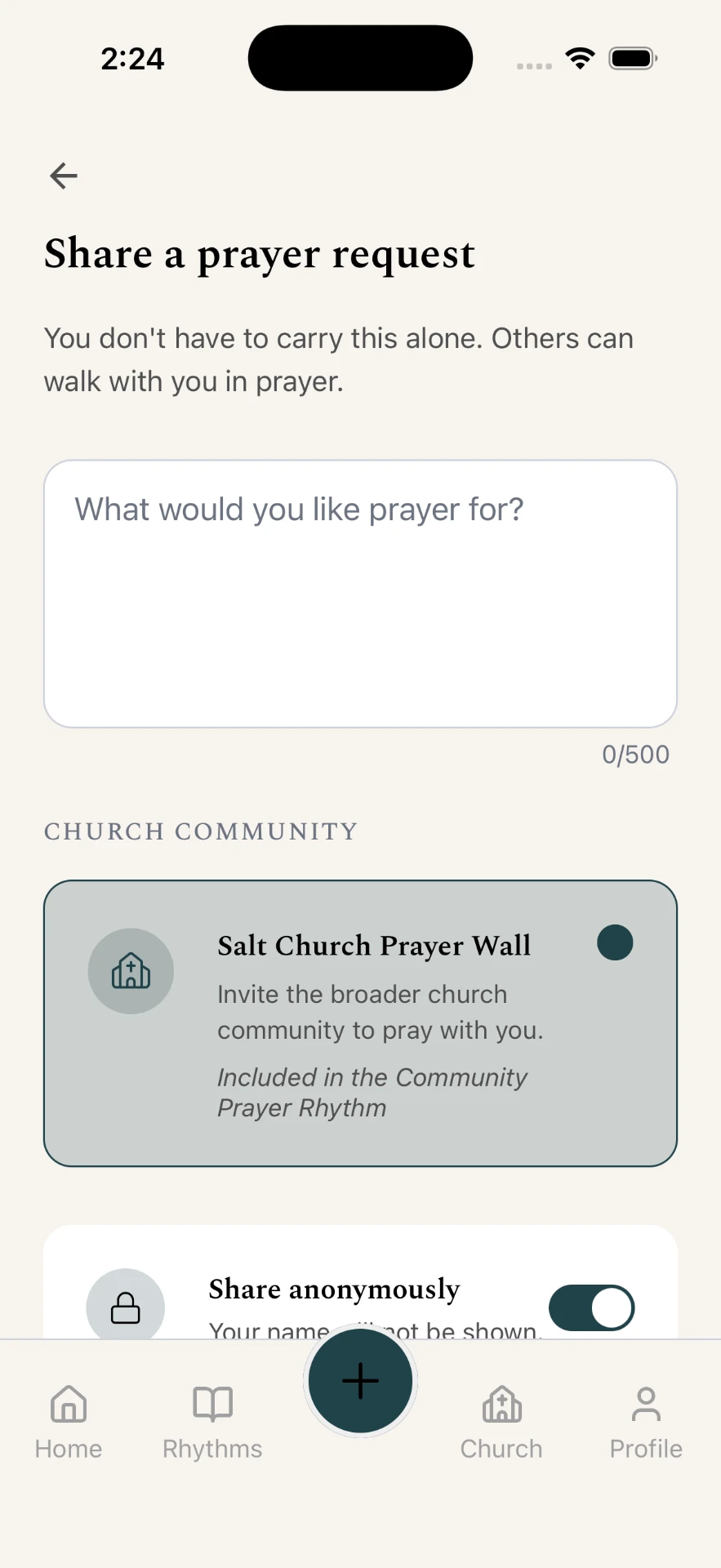 Sharing a prayer request in the app